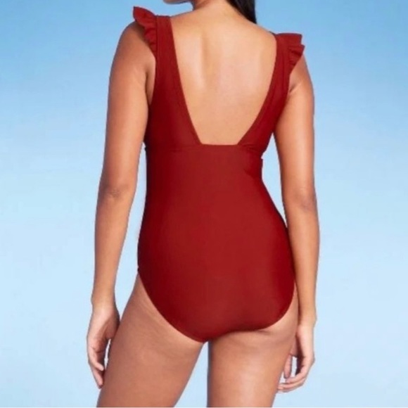 Kona Sol One Pc Ruffle Shoulder Swimsuit Sz 16W Ruched Brick Red - Picture 3 of 10